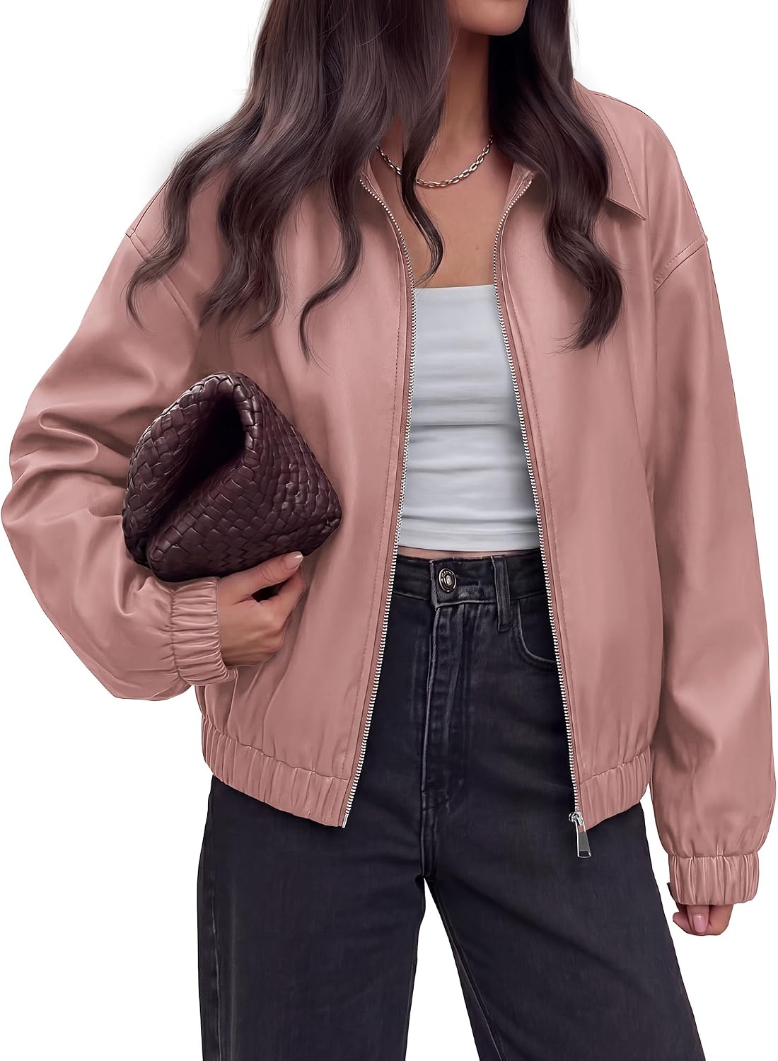 KIRUNDO Fall Jackets for Women Oversized Zip Up Faux Leather Bomber Coats