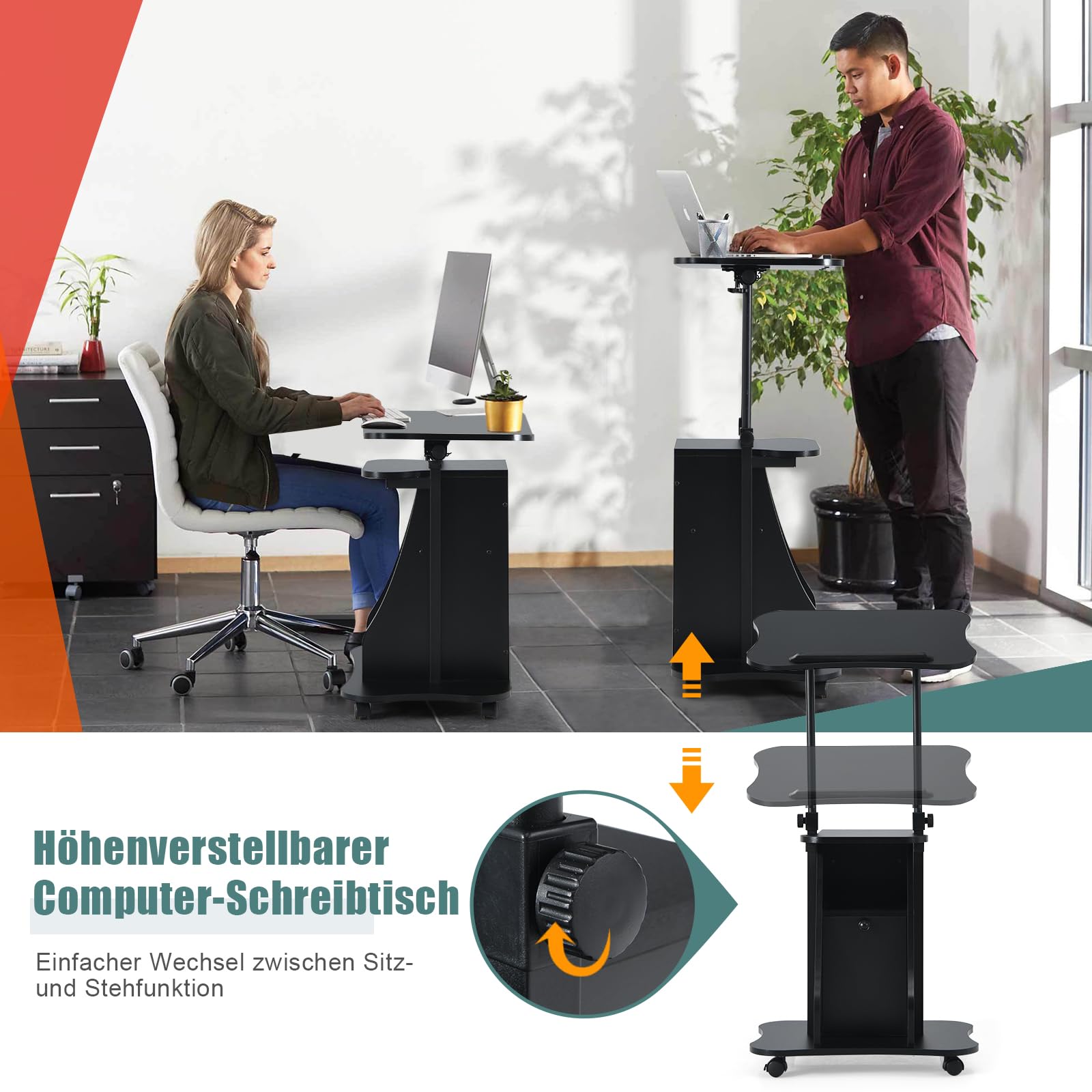 COSTWAY Mobiler Stehpult, höhenverstellbarer Rednerpult mit neigbarer Tischplatte & Schrank, Schreibpult zum Stehen oder Sitzen, Stehtisch auf Rollen für Heimbüro, Schwarz