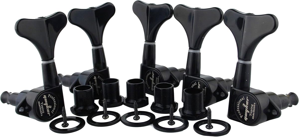 Guyker Guitar Bass Tuners (3R + 2L) - 1:17 Ratio Headstock Sealed Tuning Key Pegs Machine Head Replacement for Electric Jazz Bass or Precision Instruments - Black