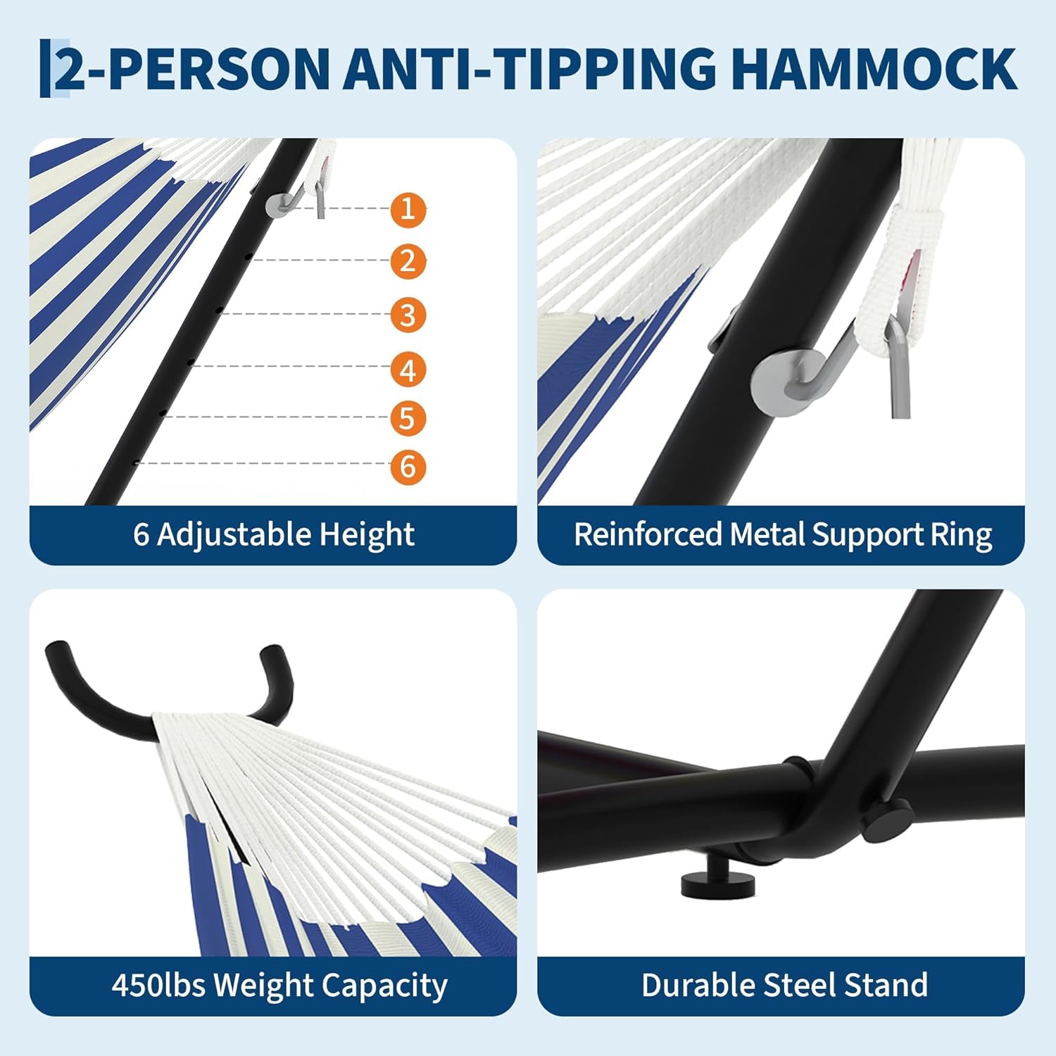 Garvee Double Hammock with Stand for Outside, 2 Person Heavy Duty Hammocks for Indoor Outdoor Patio with Carrying Bag, 450 Lbs Capacity, Space Saving Heavy-Duty Steel Stand