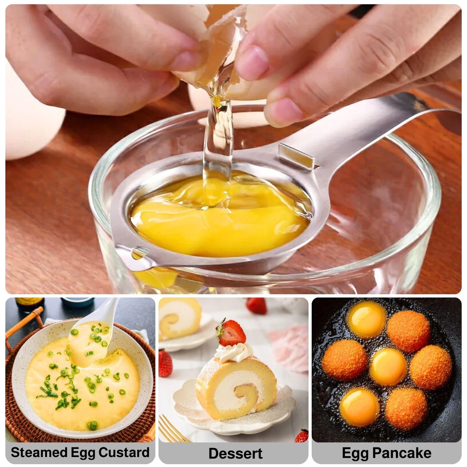 Separador de huevos de acero inoxidable con mango alargado, separador de yemas y proteínas para una separación precisa, prácticos accesorios de cocina y horneado para cocinar y hornear