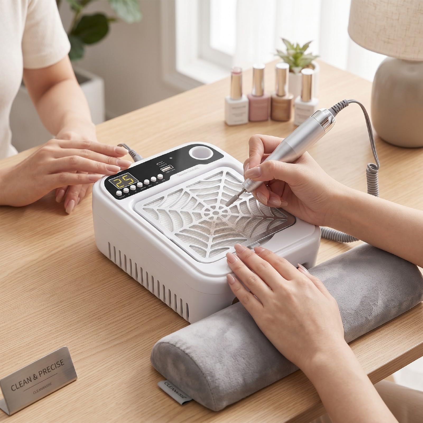 Pongnas Aspirador de Polvo para Uñas 3 en 1 con Lámpara de Taladro, Taladro de 35000 RPM 8 Velocidades Ajustables Pantalla LED para Manicura en Casa