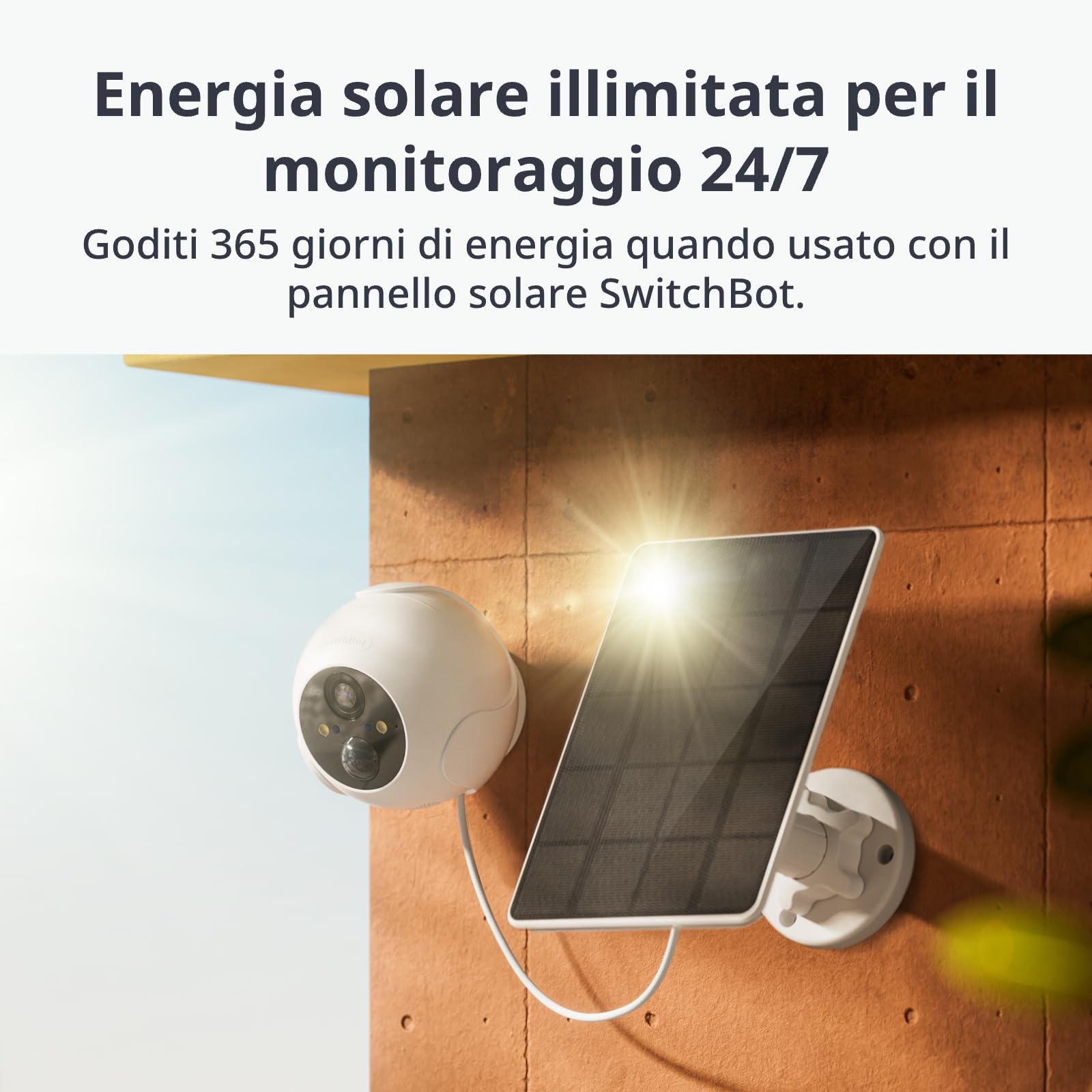 SwitchBot Kit di telecamera di sicurezza wireless, telecamera esterna 2K con pannello solare, sorveglianza continua per la sicurezza della casa, visione notturna a colori, rilevamento AI di movimento