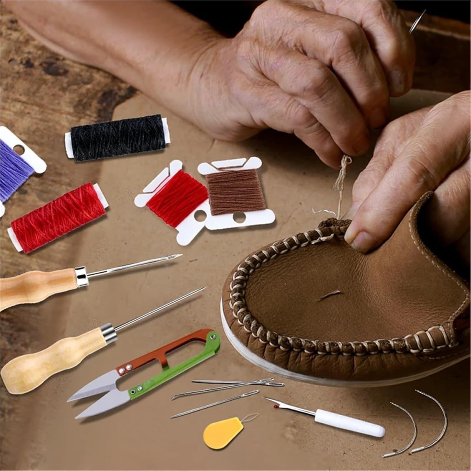 Kit de costura de cuero con agujas resistentes, hilos encerados y punzón para reparación de costuras a mano de tapicería, zapatos y bolsas, juego completo de herramientas para manualidades
