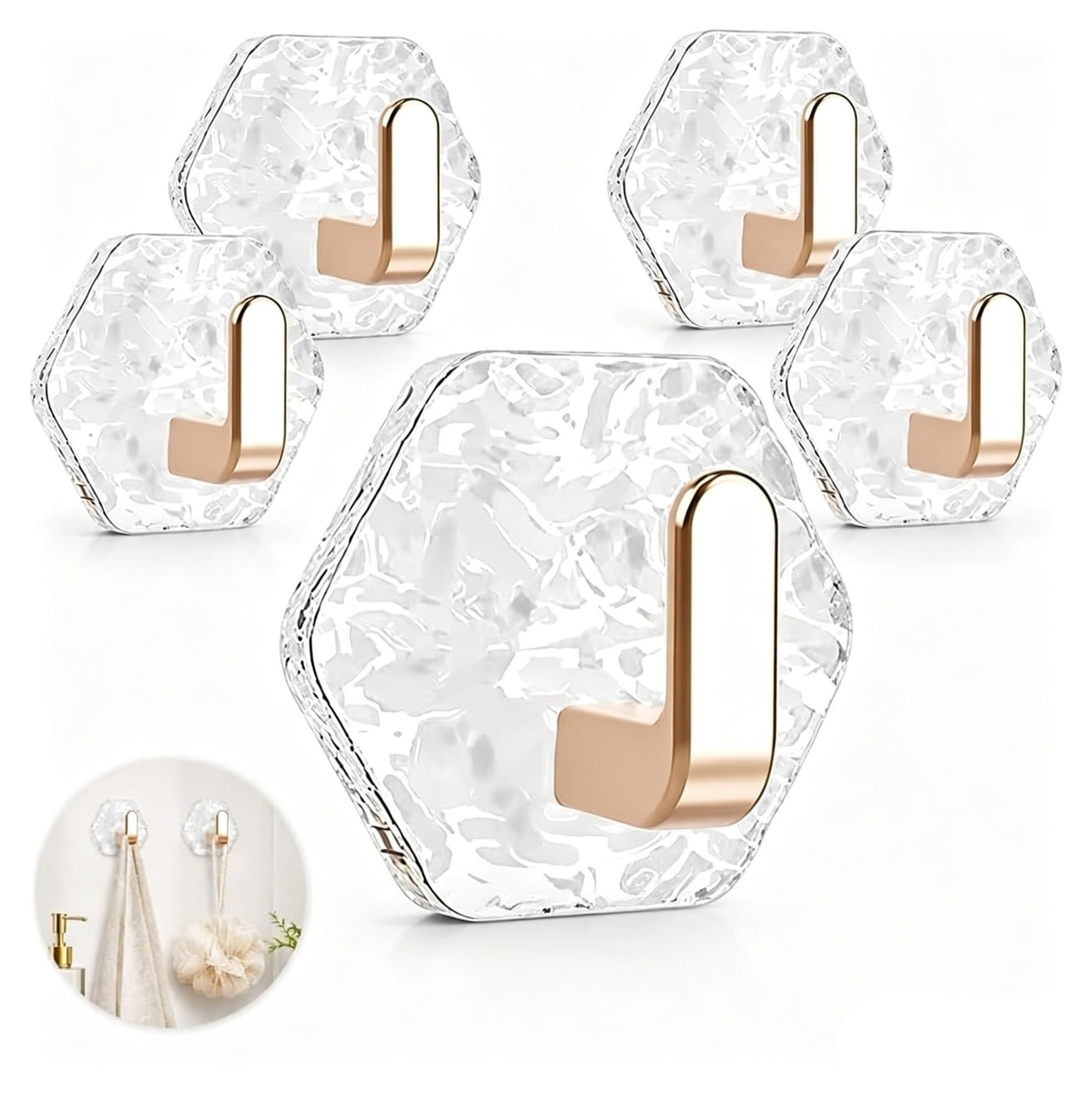 sloiaz Glacier Water Ripple Hexagonal Adhesive Hooks, No Drill Heavy Duty Waterproof Wall Hooks for Bathroom Kitchen Towels Keys Storage(Gold,5pcs)