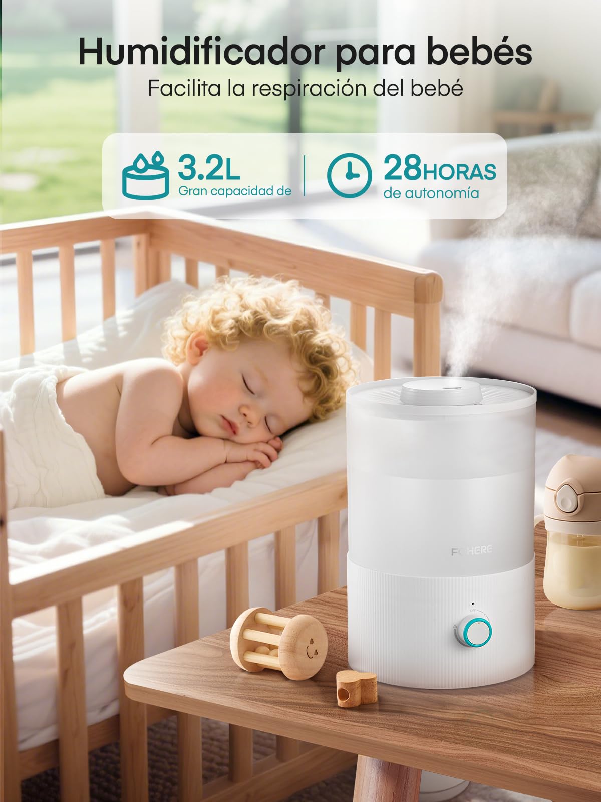 FOHERE Humidificador Bebés, 28dB Silencioso, 3,2L Llenado Superior