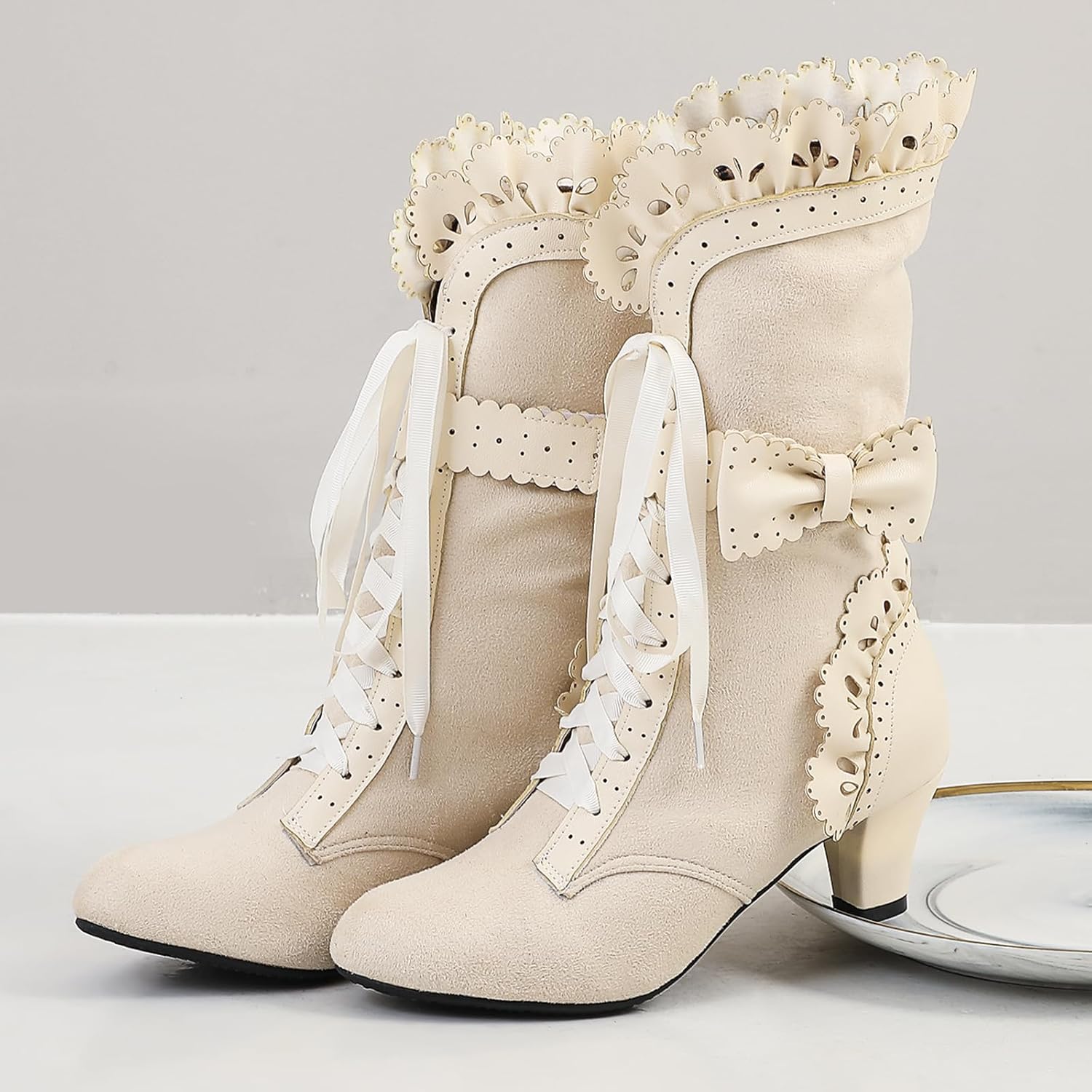 Victorian Boots for Women Vintage Bow Ruffles Goth Boots Costume Lace Up 70S Retro Boots Halloween Witch Stuff Cuban Heel Mid Calf Boots - Image 3