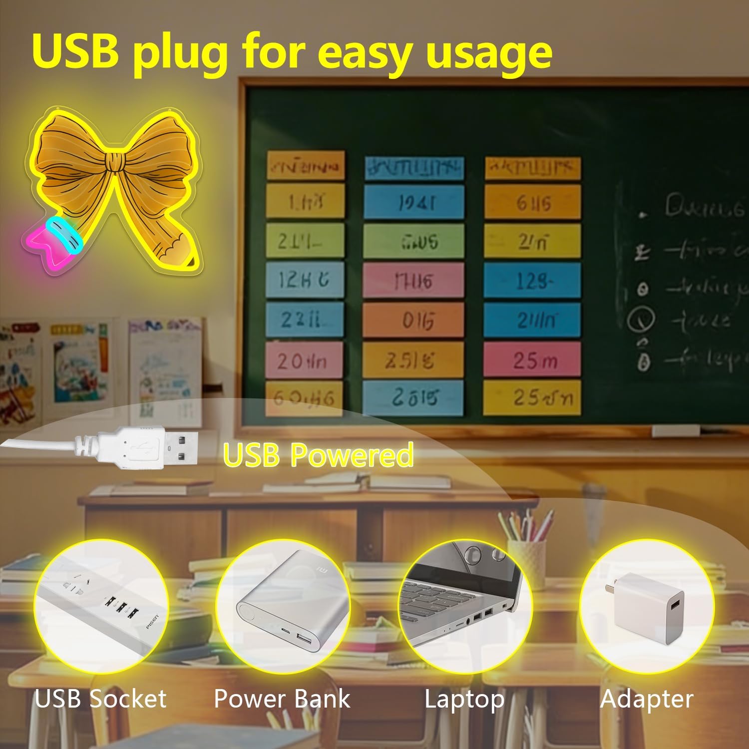 Pencil Bow Neon Sign for Wall Decor Classroom Led Sign Back To School Decorations Teacher Neon Light Pencil Coquette Bow Light Up Signs for Classroom First Day Of School Decorations Gift Office Porch
