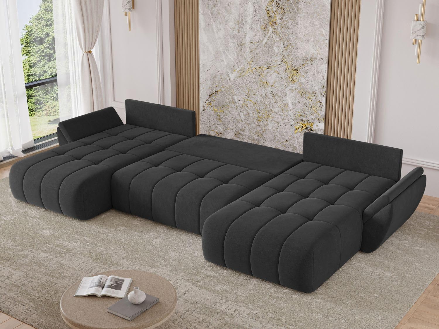 GRAINGOLD Decor U Ecksofa modern mit Bettfunktion, 382x192 cm, U-Form Sofa, Schlafcouch für Wohnzimmer, Veloursstoff, 5-Sitzer Wohnlandschaft, Ecksofa mit Bettkasten (Anthrazit)