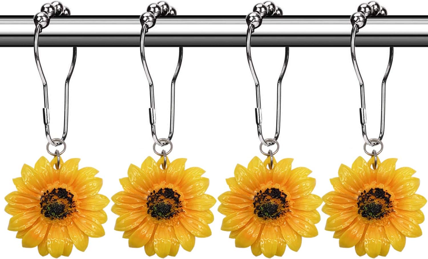 Flowers Shower Curtain Hooks Rings, 12 Pcs Decorative Rustproof Shower Rings for Bathroom Set (Yellow Sunflower)