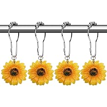 CHICTIE Flowers Shower Curtain Hooks Rings, 12 Pcs Decorative Rustproof Shower Rings for Bathroom Set Yellow Sunflower