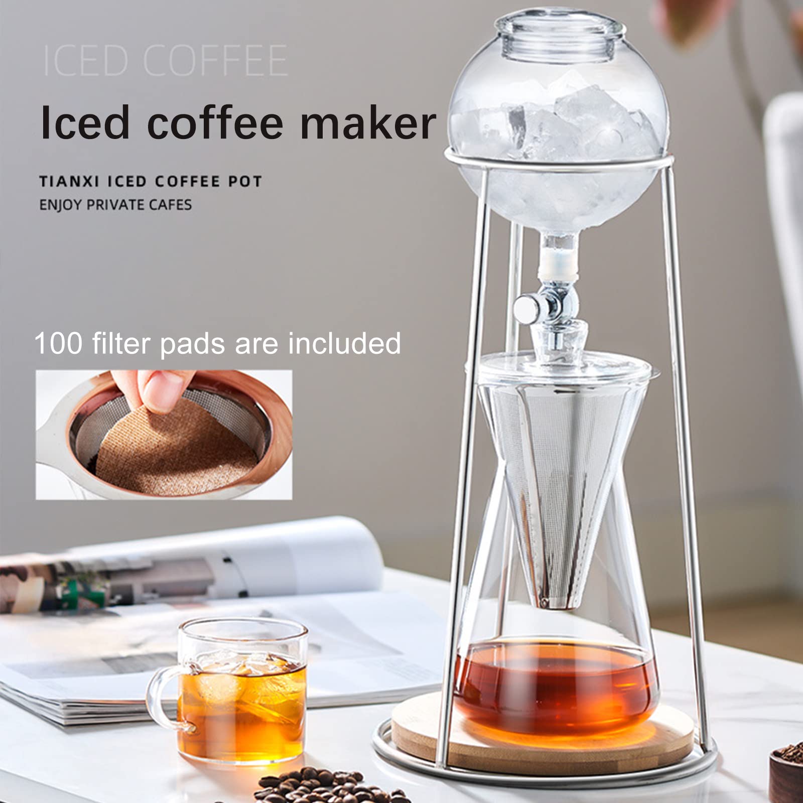 Drip Tower, caffettiera riutilizzabile, in vetro trasparente, con supporto in acciaio inox trasparente, 600 ml