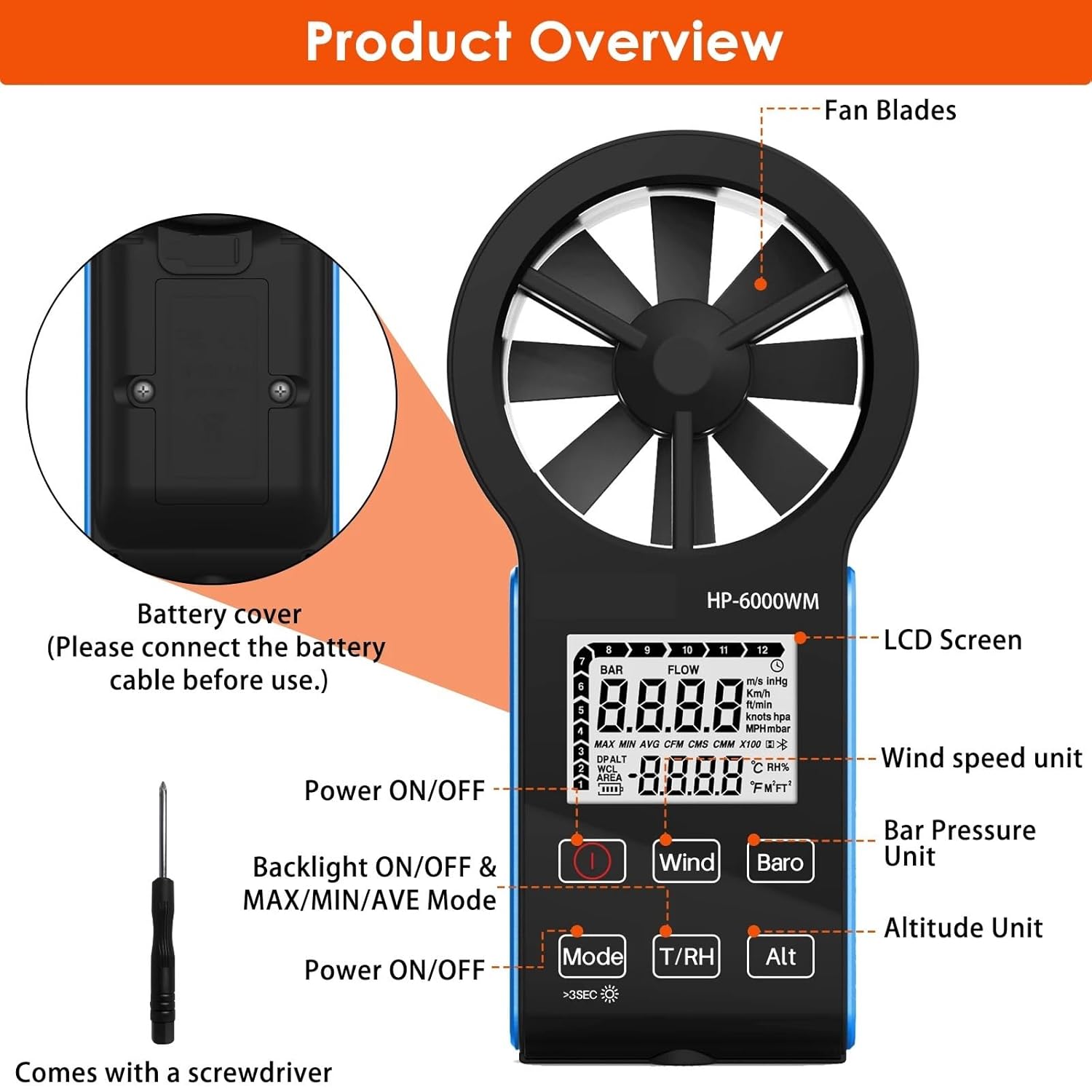 6000WM Digital Anemometer Barometer, Wind Speed Meter,Wind Weather Record, Temperature, Humidity, Dew Point, Altitude