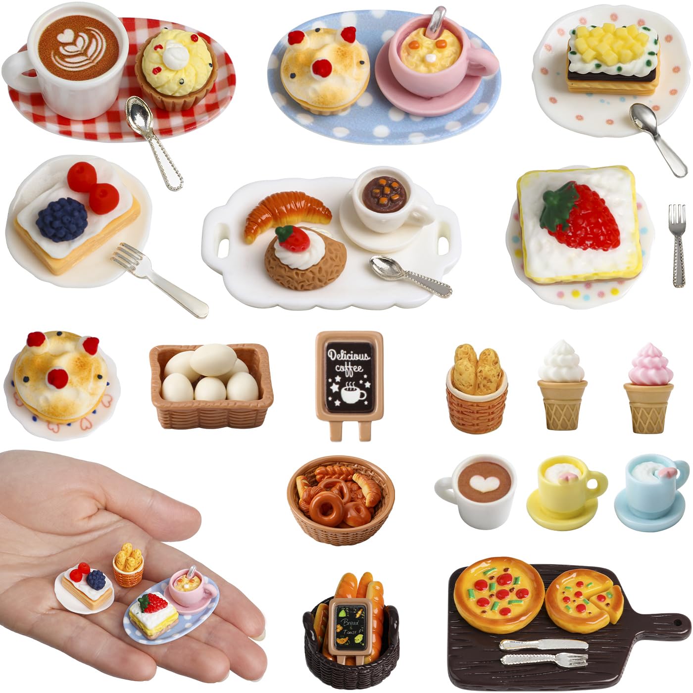 56 Pieces Miniature Food and Drink, Miniature Decorative Resin Dollhouse Accessories, Food Set, Mini Kitchen, Small Doll Accessories, Toy Tableware Accessories for Mini Kitchen, Tea Party, DIY Micro