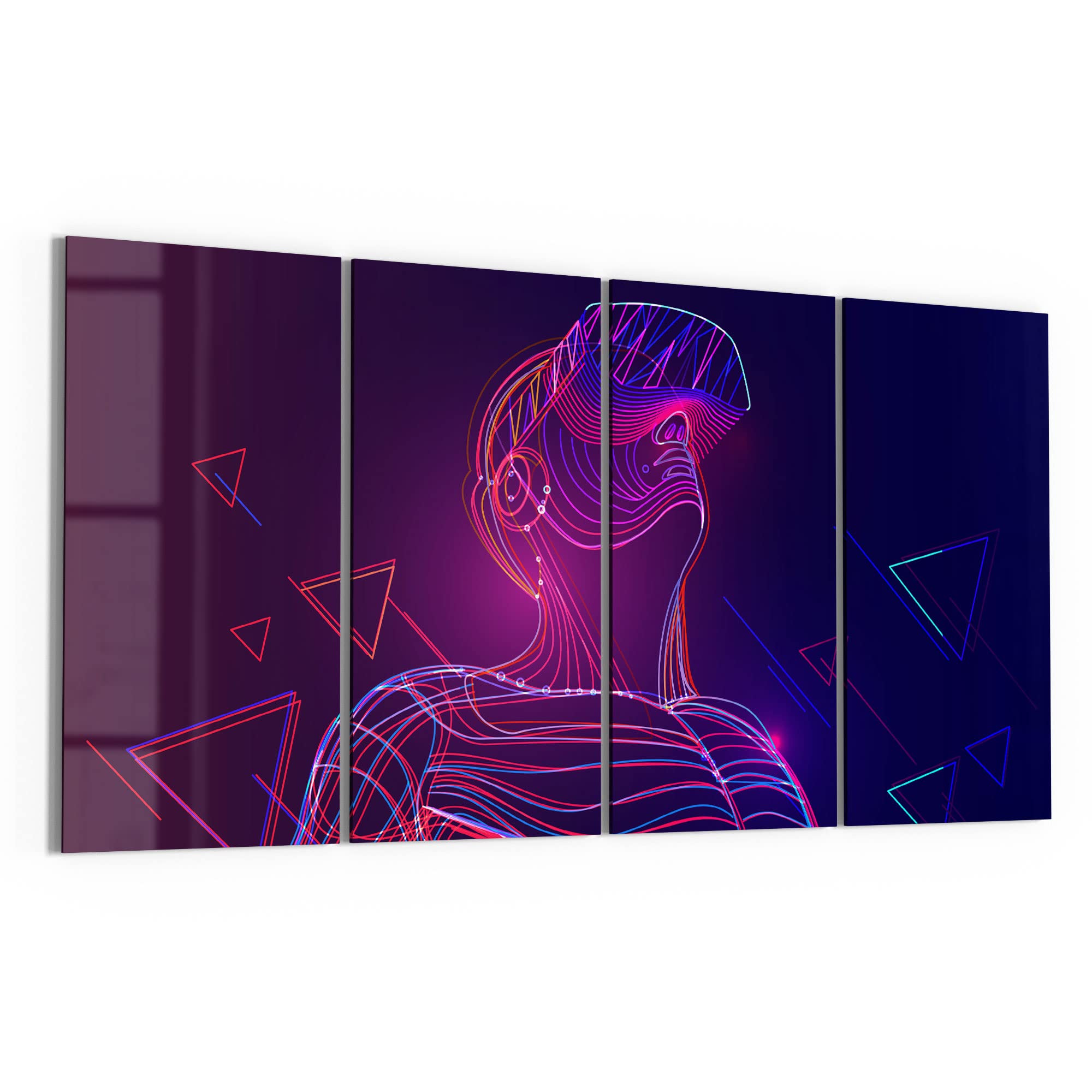 DEQORI Obrazy na szkle z prawdziwego szkła, motyw "mężczyzna z okularami VR", poziome, 4-częściowe, 120 x 60 cm, duża dekoracja XXL, obrazy ścienne do salonu, sypialni, przedpokoju i kuchni, nowoczesna dekoracja ścienna