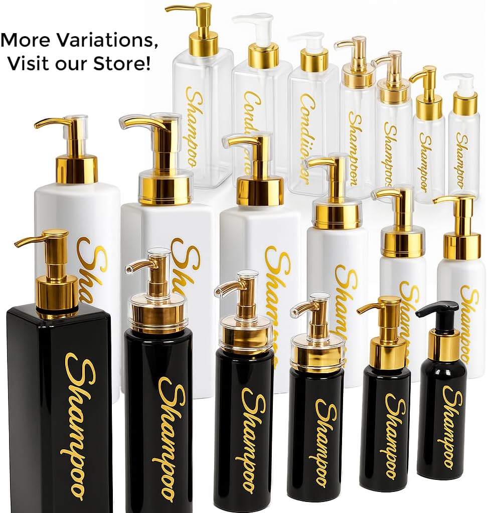 Shampoo and Conditioner Dispenser - Essentials Toiletry Bottles - Shower Refillable Shampoo and Body Wash Soap Pump Bottle – 3X 16oz Containers – Black Round Gold Cap 1