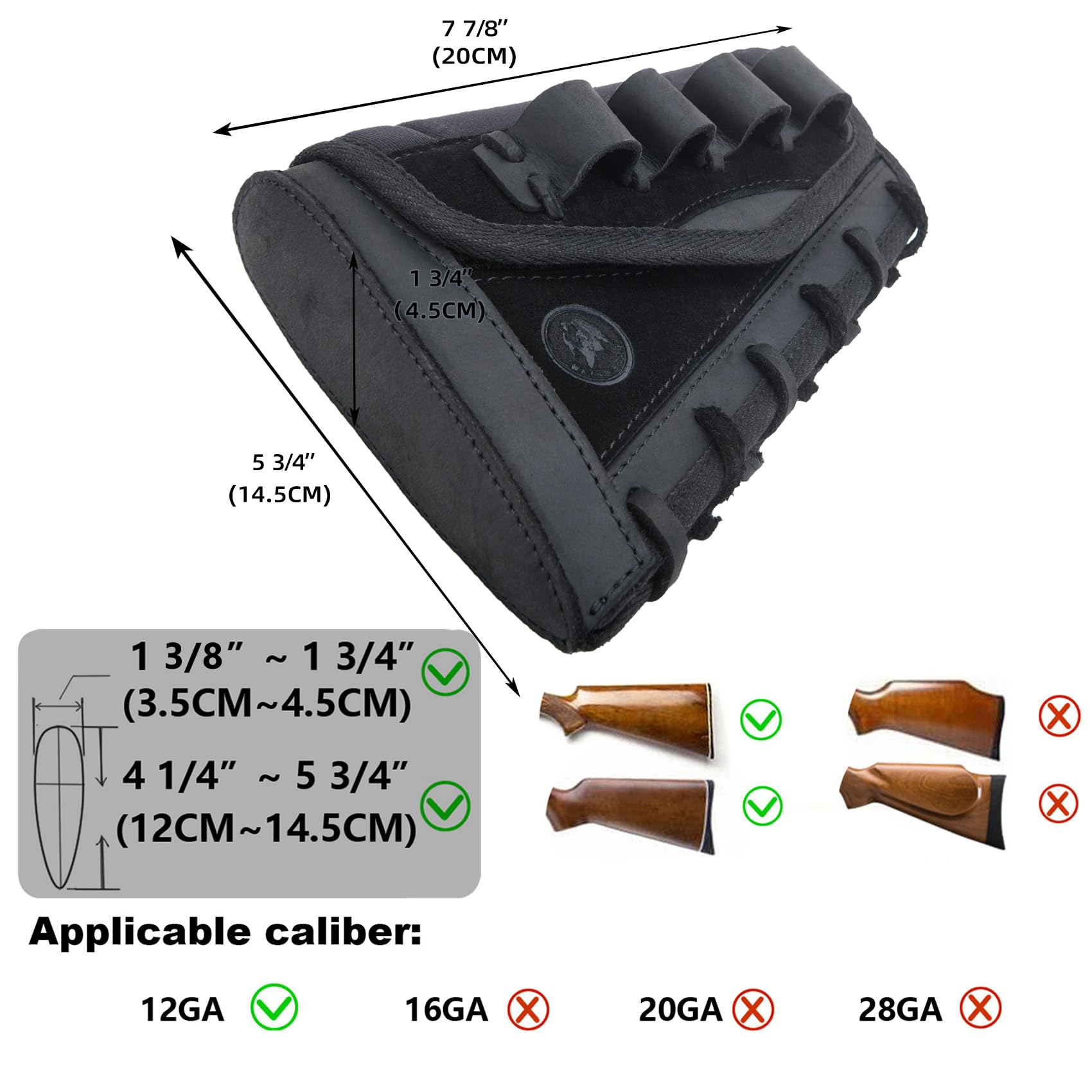 OXPANG Leather Rifle Buttstock Cheek Rest Riser with Ammo Holder Shoulder Sling .308 .45-70 .30-30 .22LR 12GA (Black(12 Gauge))