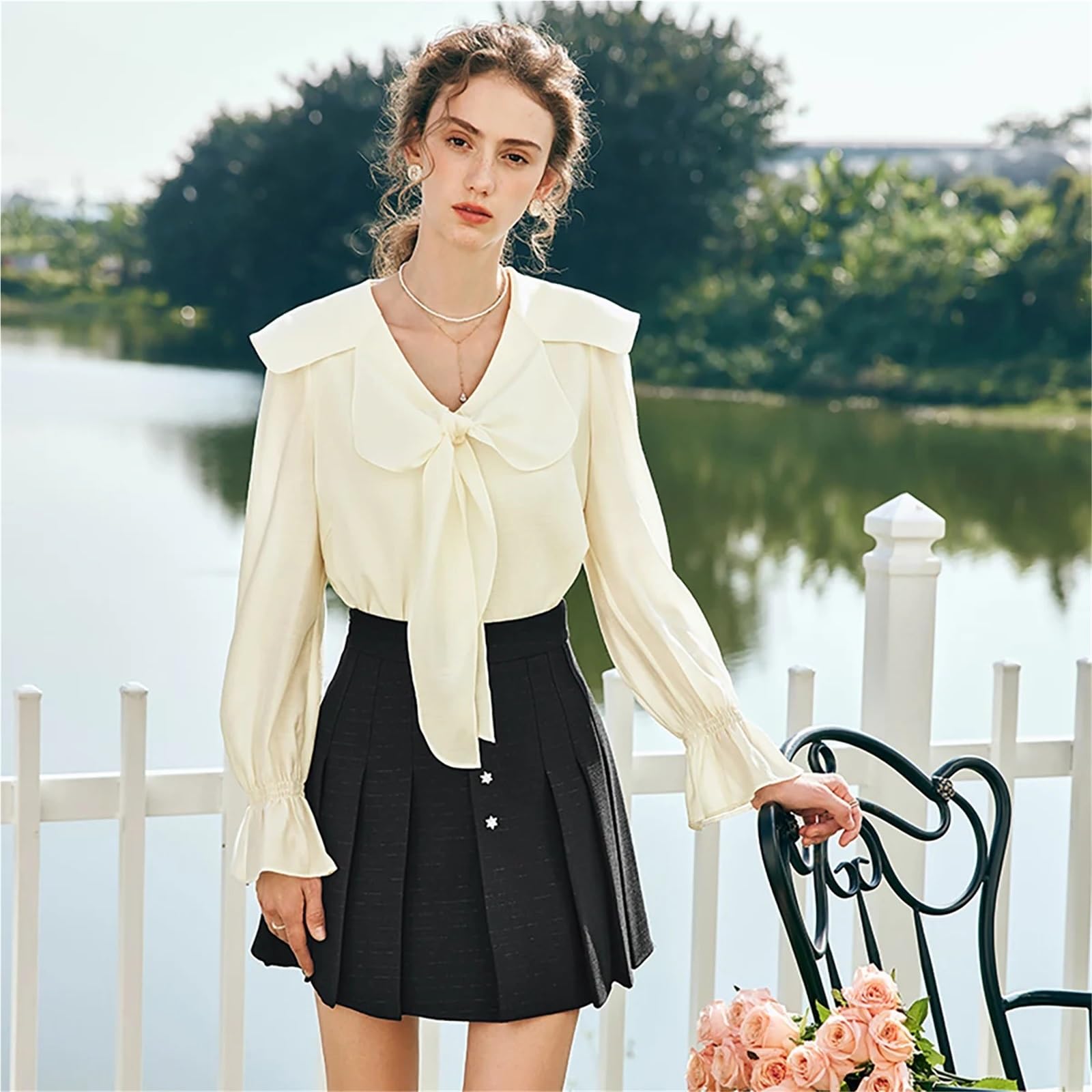 Blusa de Gasa Encaje for Mujer, Camisa Elegante Color Liso con Pajarita, Tops Femeninos Manga Larga Cuello en V para Atuendo Casual Diario