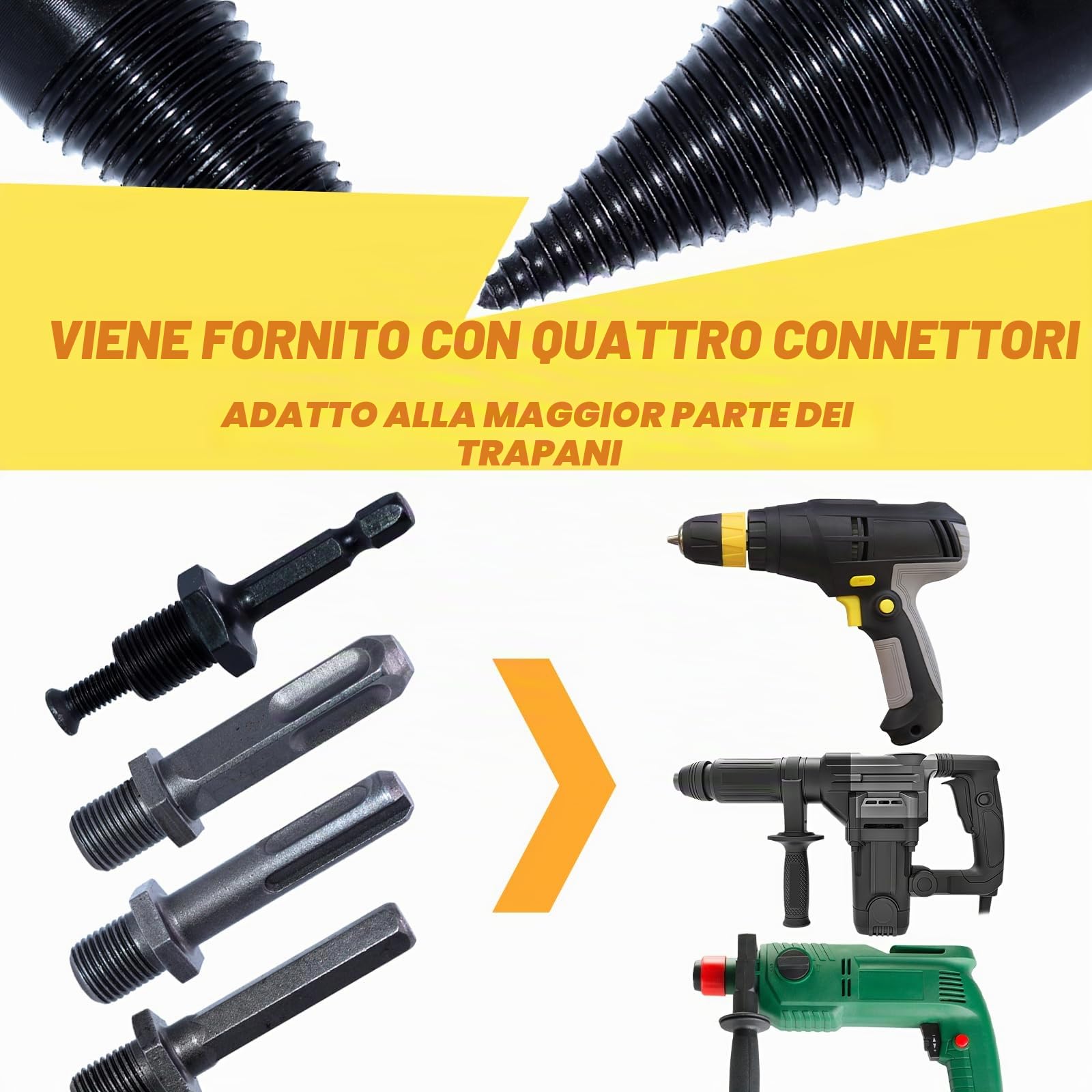 Set di spaccalegna da 42 mm + 32 mm, spaccalegna con 4 manici per trapano, spaccalegna per legna da ardere, cono per legno spaccalegna per trapano