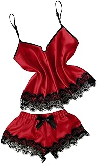 Generic Womens Sexy Lace Pajamas Sets V Neck Cami Top Bow Tie Shorts Lounge Set Soft Comfy Summer Ladies Sleepwear Loungewear