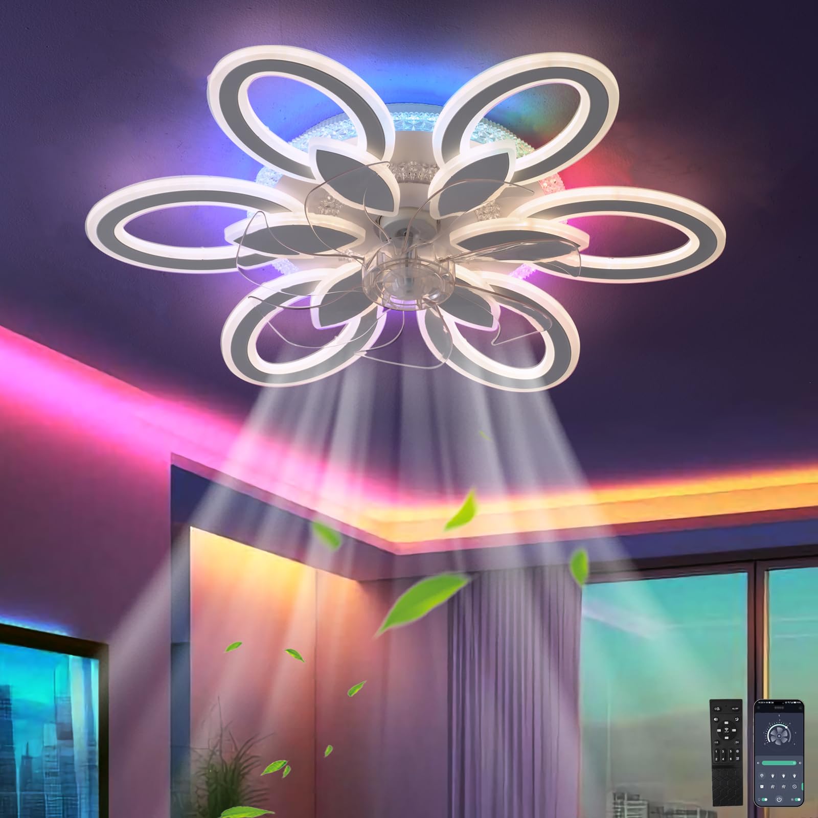 TuoyuanW 65cm Ceiling Fans with Lights Remote Control Chandelier Fan Petal-Shaped with RGB Dimmable Fan Lamp with Reversible 6 Speeds Quiet Timer Night Light for Living Room, White