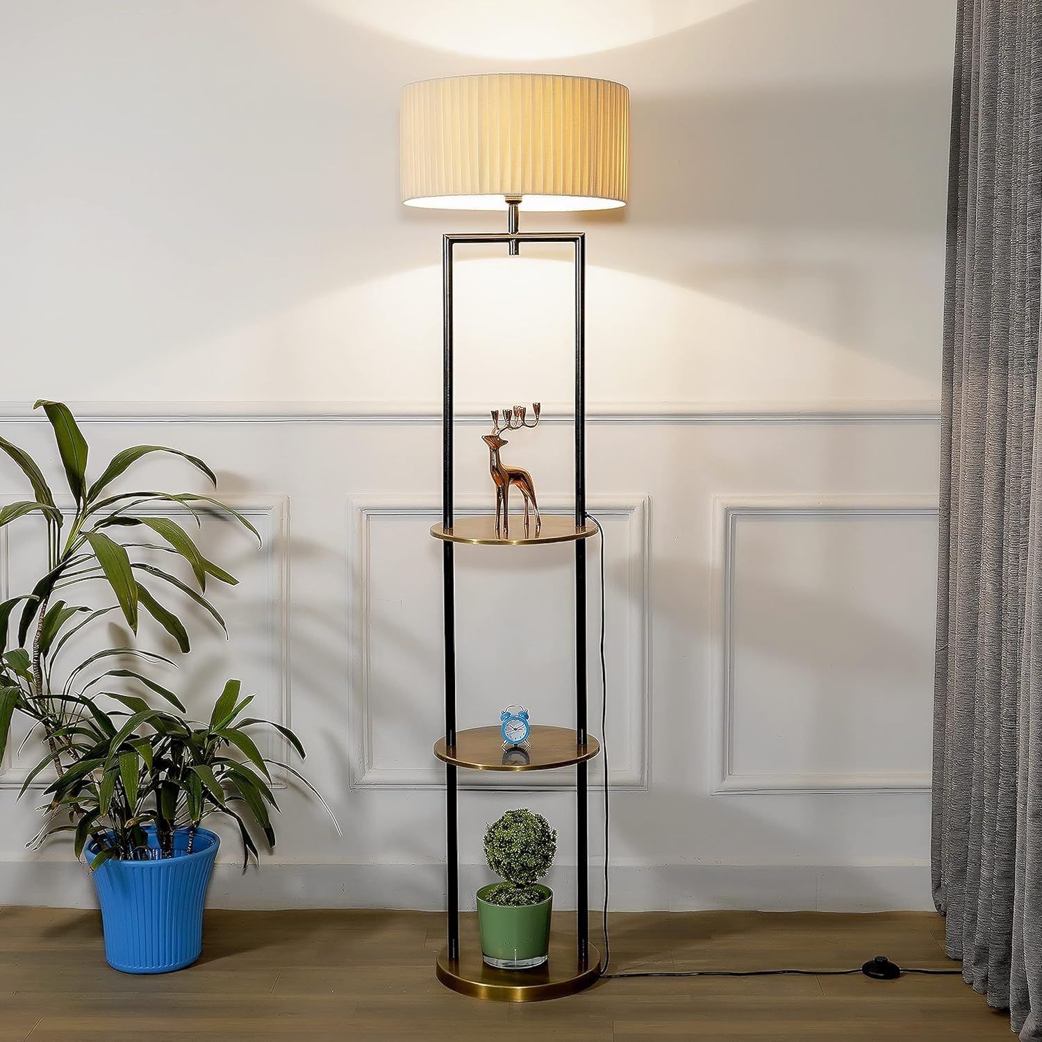 Deco Crush Modern Table Three 3 Shelf Adjustabale Floor Lamp Standing Brass Antique Matte Black Finish Gold 5ft Height and Black Lampshade (Pack of 1)-picture-24