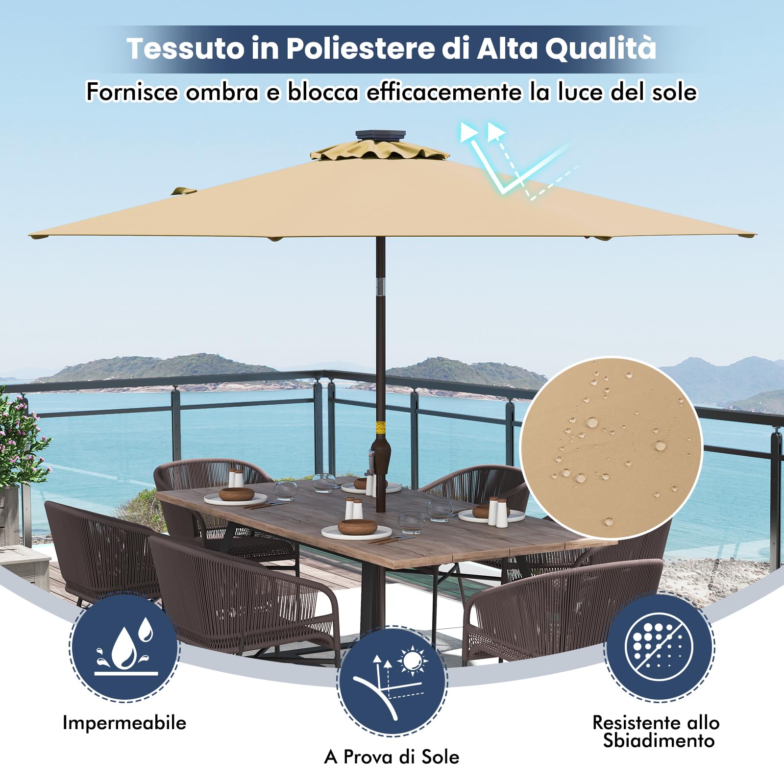 GYMAX Ombrellone da Giardino 3x3 M, con Luci LED Solare, Ombrello Inclinabile Regolabile, da Terrazzo Patio Spiaggia