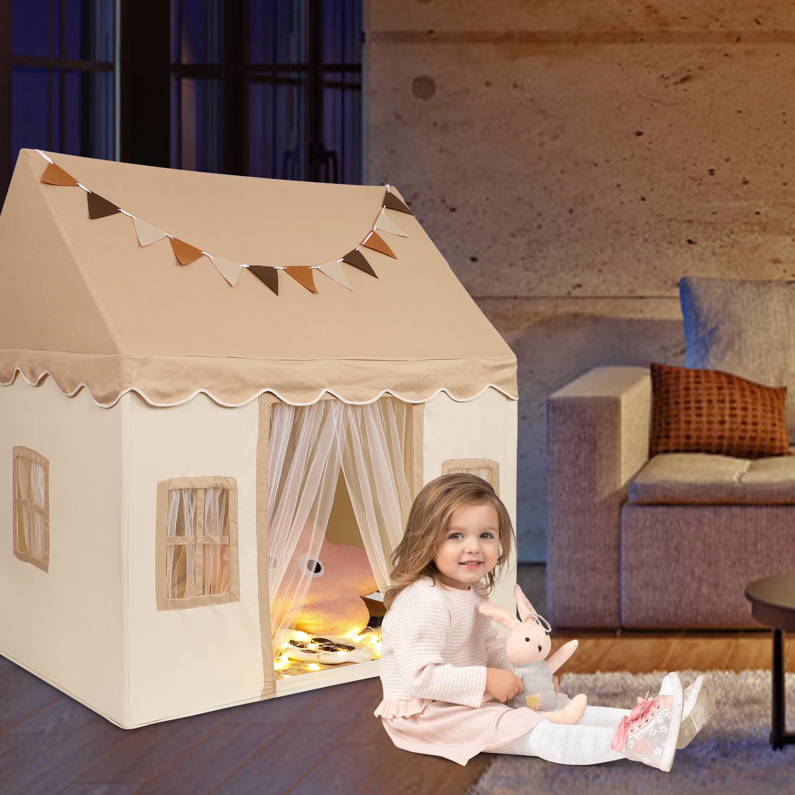GYMAX Casetta a Tenda da Gioco per Bambini, con Materassino in Fondo, Porta in Velo e Finestrini