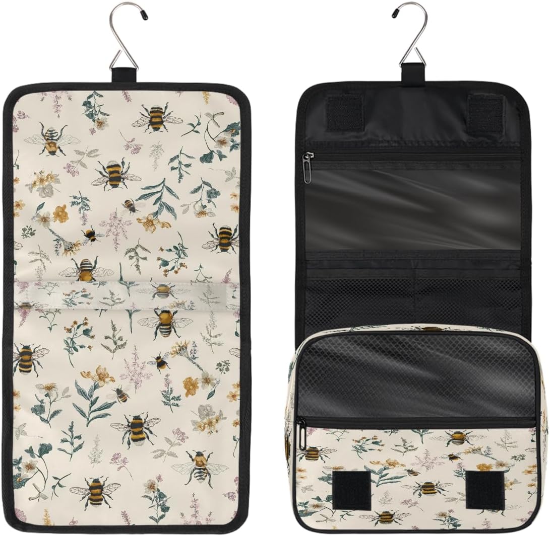AUUXVA Travel Toiletry Bag Spring Bee Flower Floral Pattern Cosmetic Organizer Bag Hanging Makeup Bag with Zipper Pocket and Handle, Portable Wash Bag for Women Men Girls