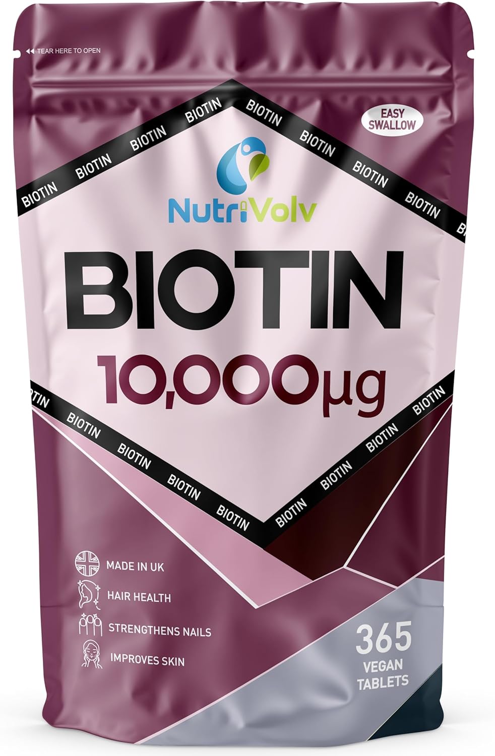 Biotin Hair Growth Supplement | 1 Year Supply | 10,000mcg Per Tablet | 365 Vegan Tablets | Hair Skin & Nails Vitamins for Women & Men | High Absorption D-Biotin | Hair Growth Vitamins | UK Made