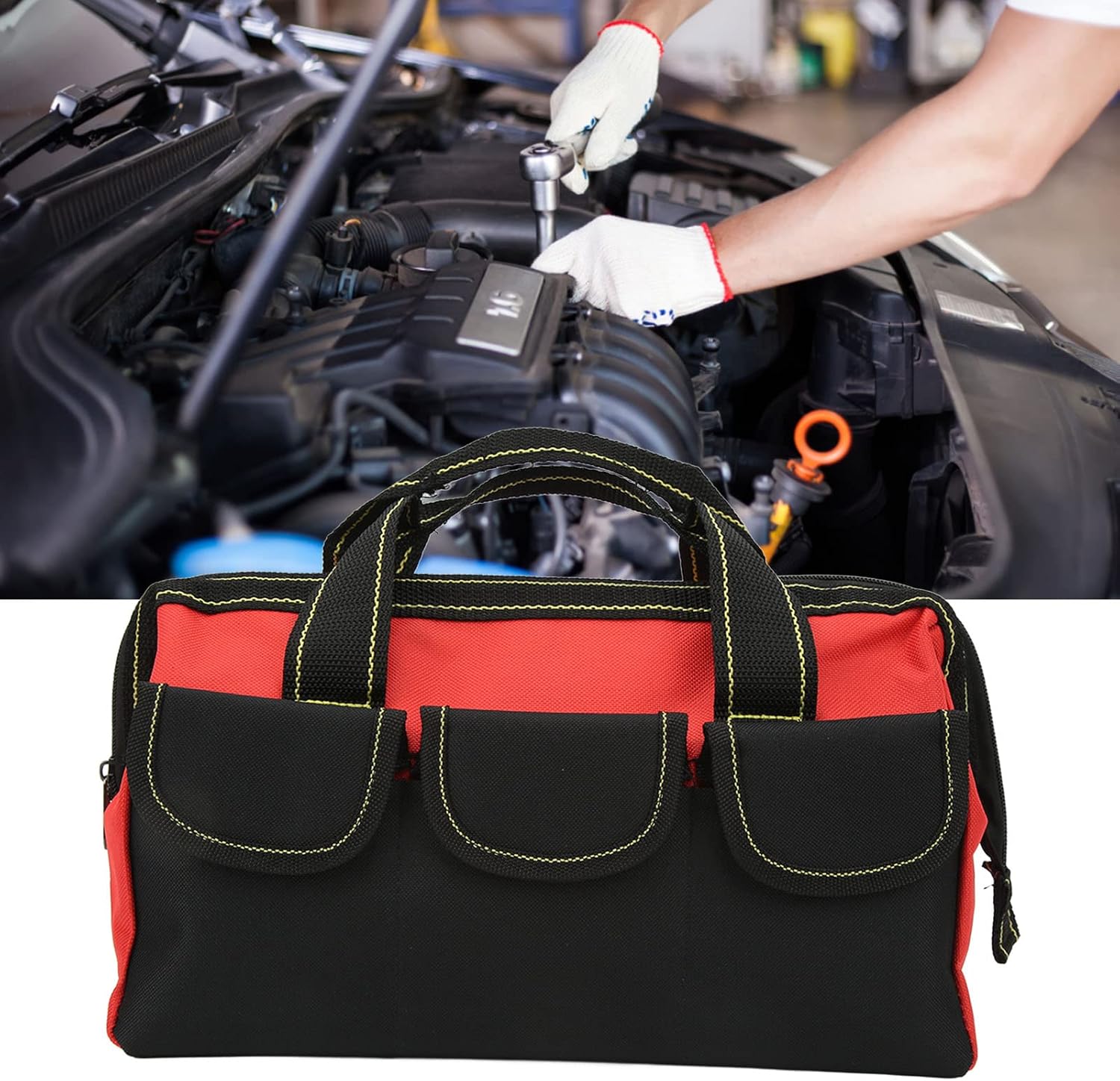 Heavy Duty Tool Bag, 1680D Oxford Cloth, Multiple Pockets, Red, 13 Inch, Open Top Design