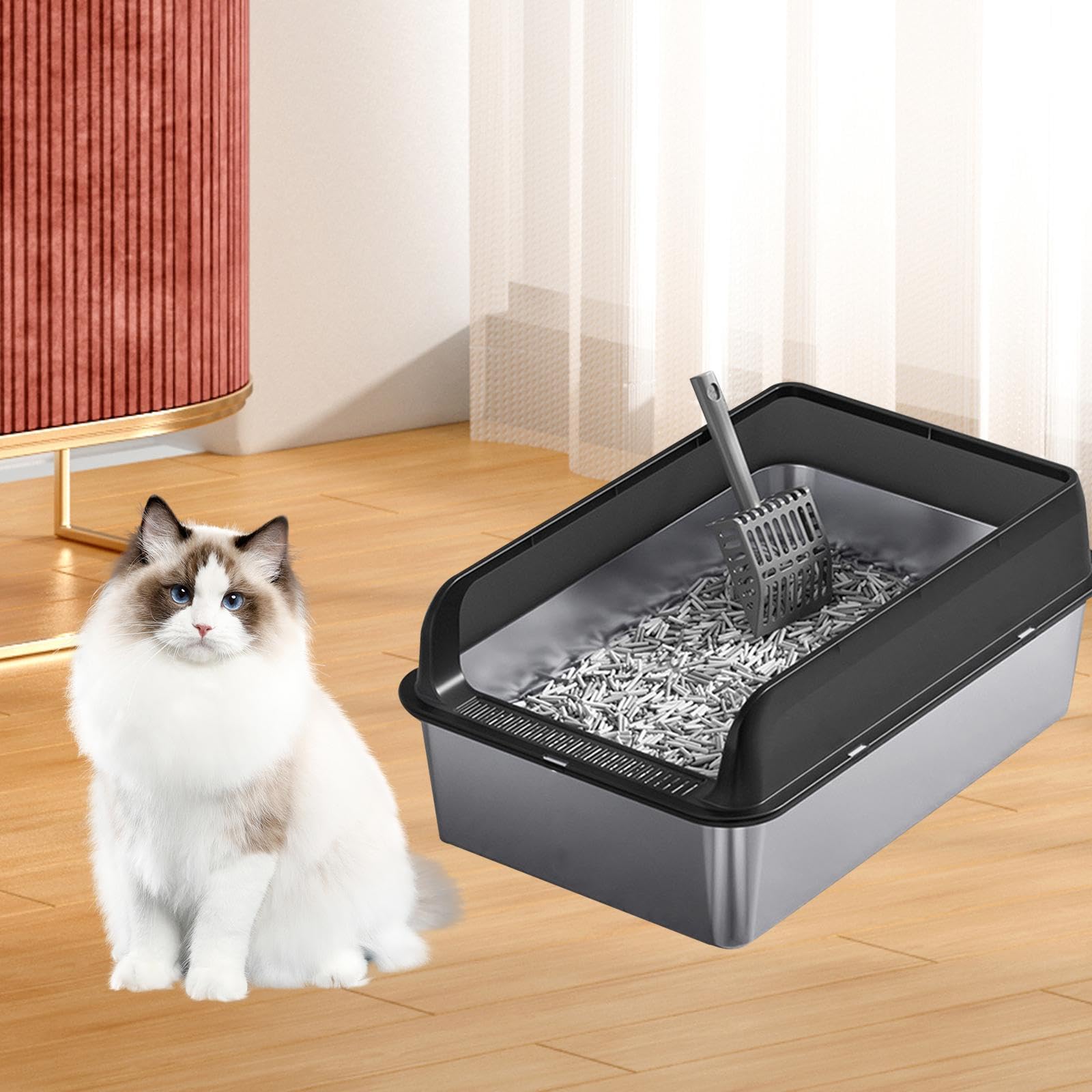 Edelstahl Katzentoilette ohne Deckel, Katzenklo Hoher Rand Offen, Antibakterielle Katzenklo Metall mit Spritzschutz, Open Top Pet Litter Box mit Schaufel und Anti-Rutsch-Matte, 50 * 35 * 15cm