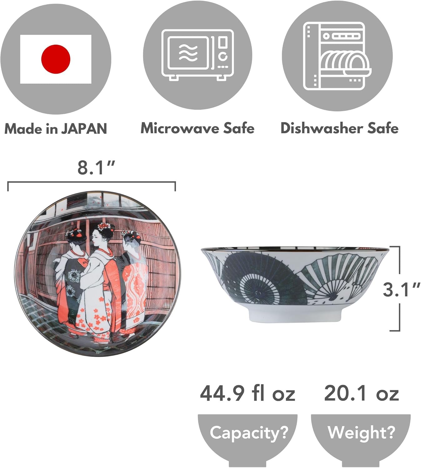 Mino Ware Japanese Wide Mouth Donburi Bowl, Ramen Noodle Bowl, Ceramic 8.1 inches, 44.9 fl oz, Japanese MAIKO Design, Made in Japan