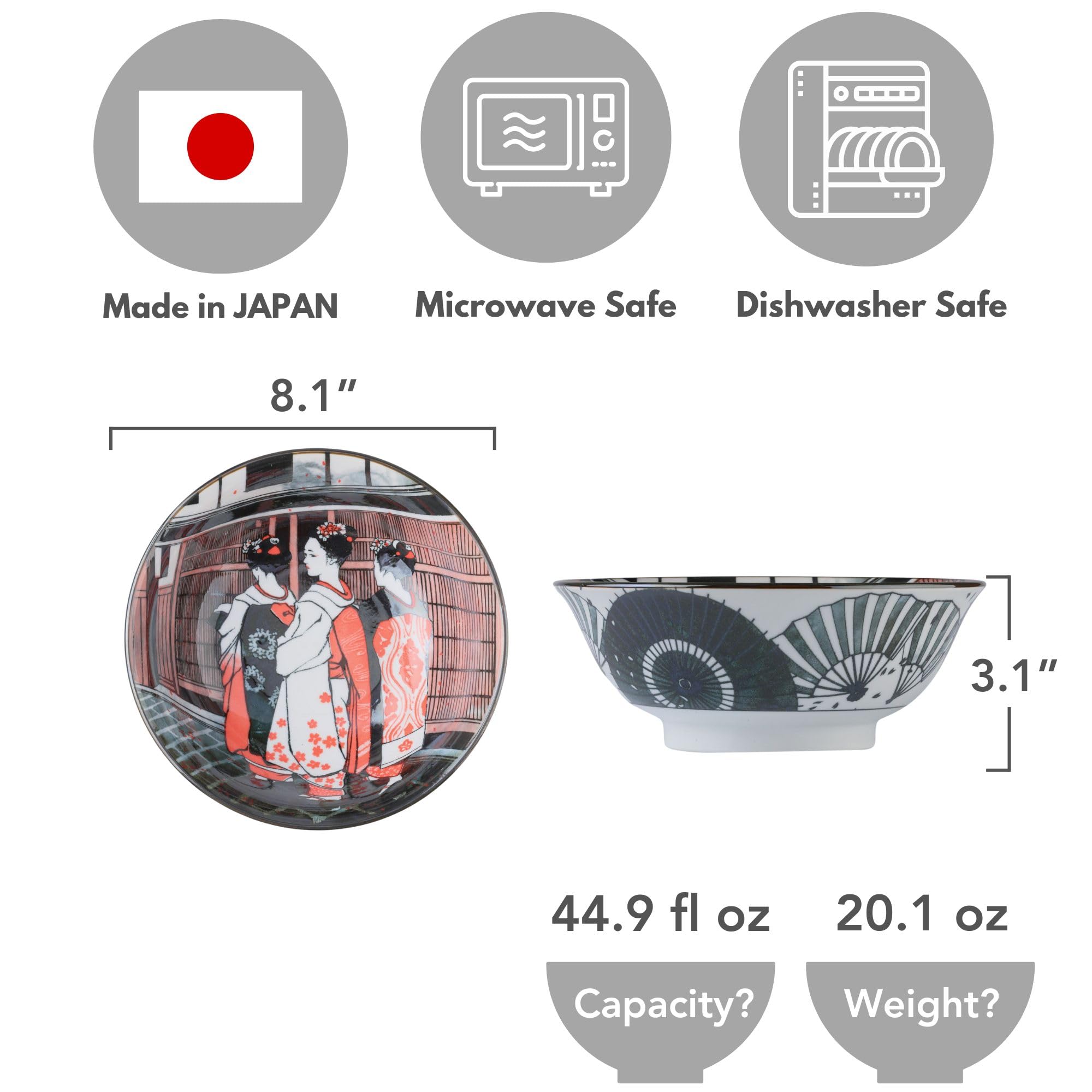 Mino Ware Donburi - Cuenco de cerámica para fideos ramen, 8.1 pulgadas, 24 onzas líquidas, diseño japonés MAIKO