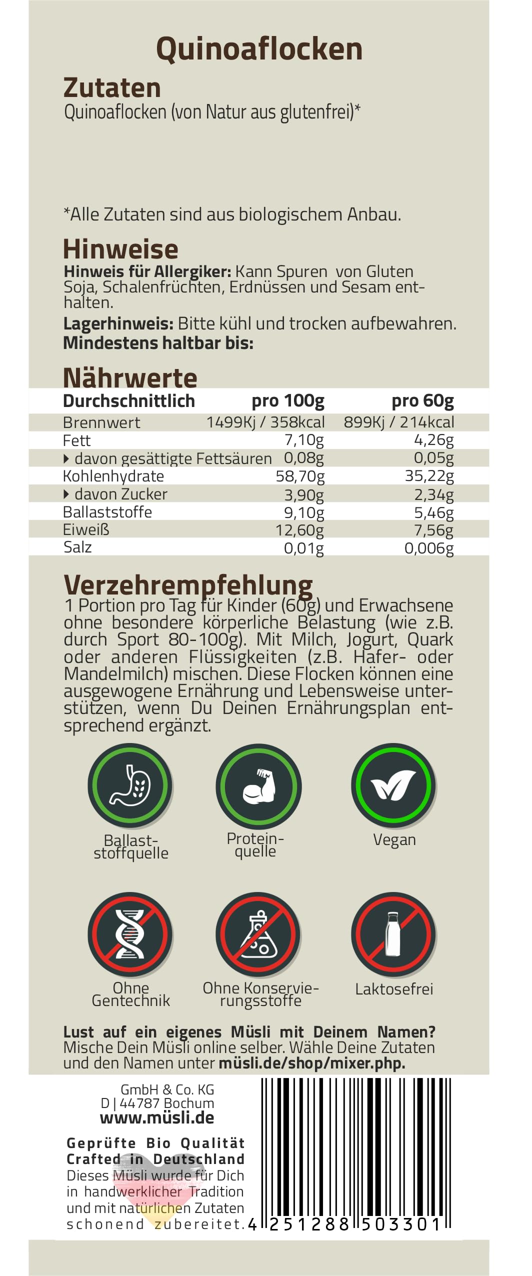 müsli.de BIO Quinoaflocken 1x3kg, für eine vegane Ernährung geeignet. Aromatisch nussiger Geschmack. Für einen leckeren Start in den Tag! (3kg Beutel (2 Stück))