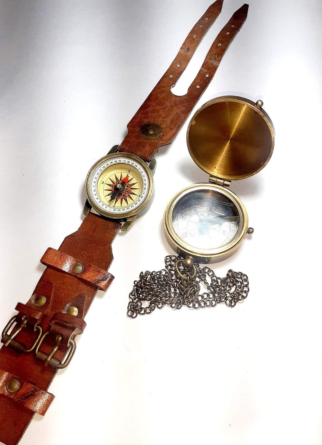 Antique Brass Pocket Compass with Lather Hand Watch Compass