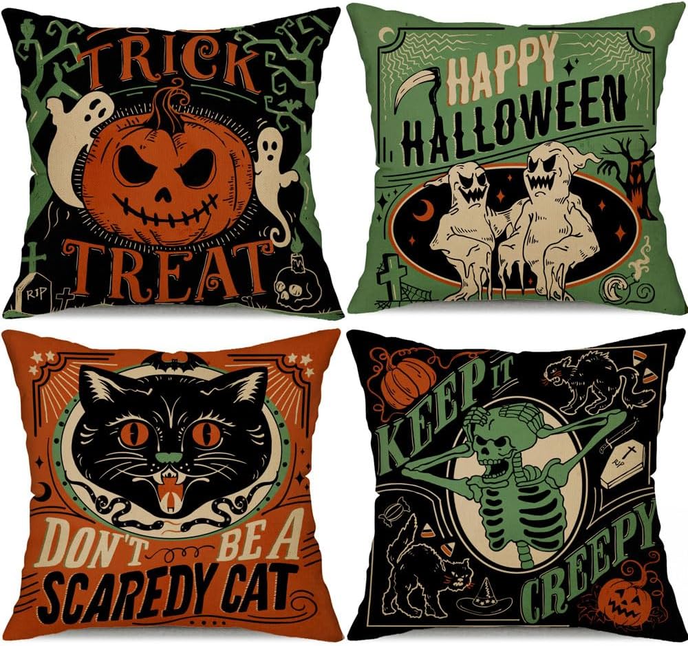 Vintage Style Halloween Decorative Pillow Covers – Set of 4