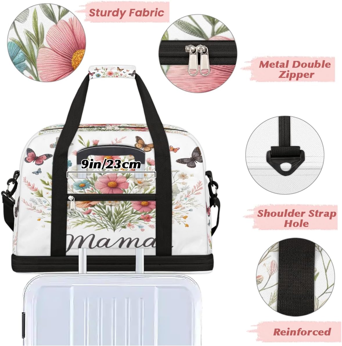 Flower Mother'S Day Butterfly Large Weekender Overnight Bags Travel Duffel Bag for Women Men Gym Bag With Shoe Compartment Foldie Travel Tote Bag Carry On Personal Item Bag for Travel Gym Sports