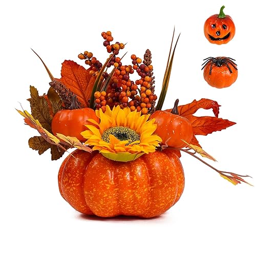 9" Artificial Pumpkin Centerpiece, 2-in-1 Fall Table Decor with Replaceable