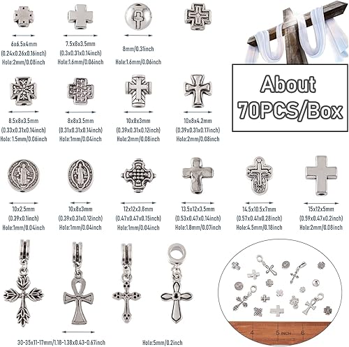 Miniatura 5 de Pandahall - 70 unidades por caja, 16 estilos, cuentas de cruz sagrada de plata antigua, estilo tibetano, espaciador de metal, cuentas de oración