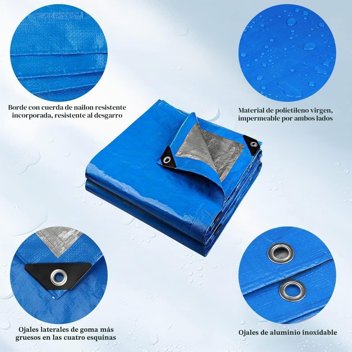 (Azul/Negro, 3x4 250g) Lona Impermeable Exterior - Reforzada - Argollas Antidesgarro - Toldo 100% Impermeable y 100% Protección UV - Cubretodo Múltiples Usos - 3 Capas Laminado Cruzado