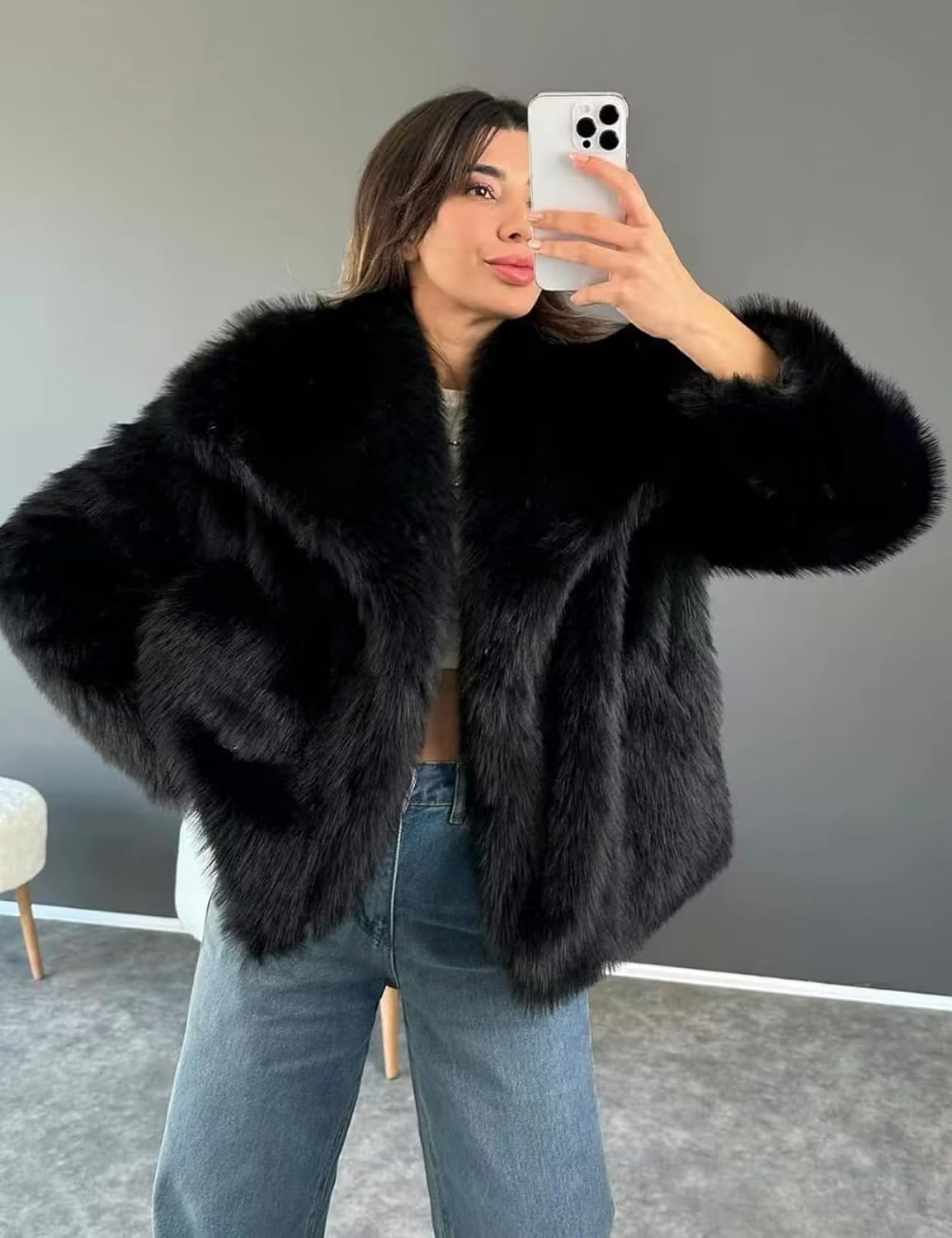 Kissonic Women Faux Fur Coat Long Sleeve Lapel Open Front Shaggy Furry Jacket Warm Fluffy Short Outwear - Image 2