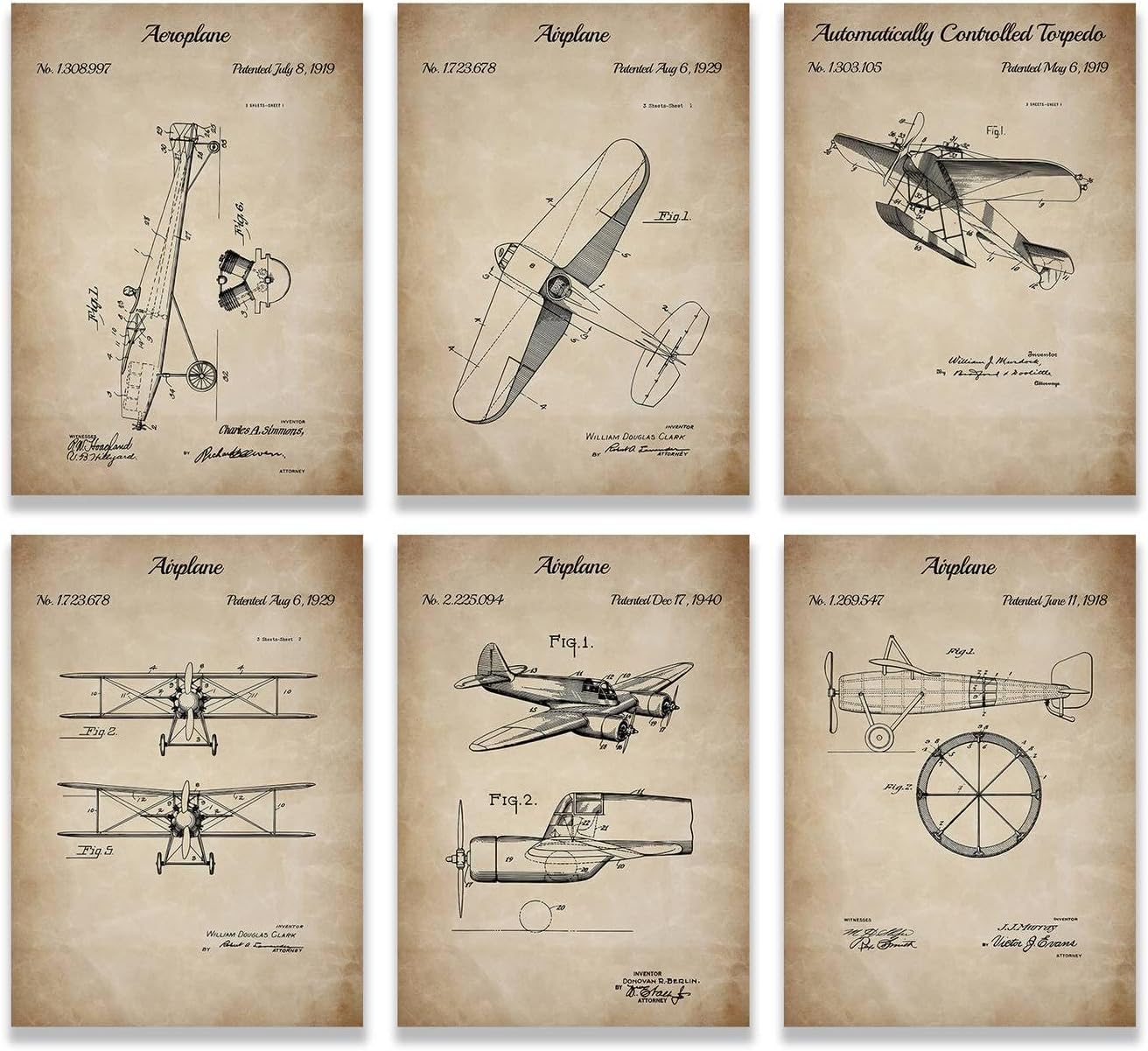 ELSARBEINA Set Of 6 Airplane Patent Posters, Vintage