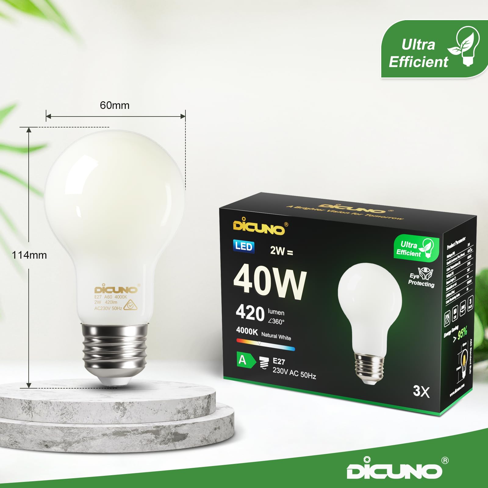 DiCUNO E27 Edison Screw Light Bulb, 2W (40W Equivalent), Glass Filament Bulb A60, Energy Efficient A Class LED, 4000K, 420LM - Image 4