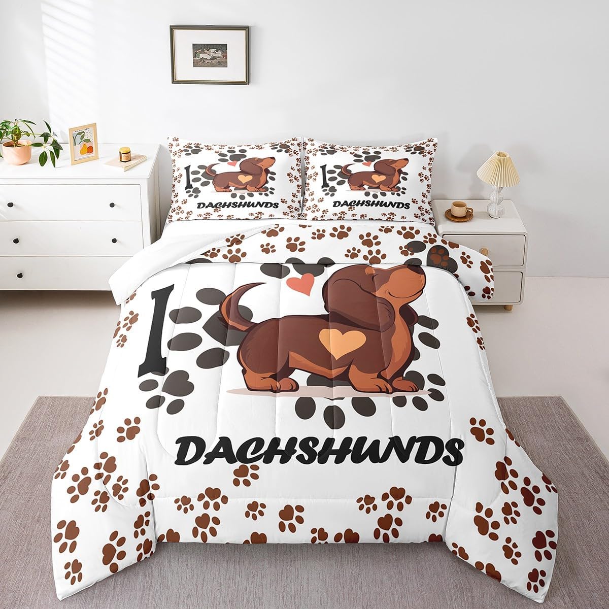 Castle Fairy Kids Cute Dachshund Dog 3 Pcs Queen Size Comforter Set,Pet Animal Themed Down Alternative Adults Bedroom Decor,Ball Bones Paw Print Ultra Soft Microfiber Inner Fill 3Pcs Bedding