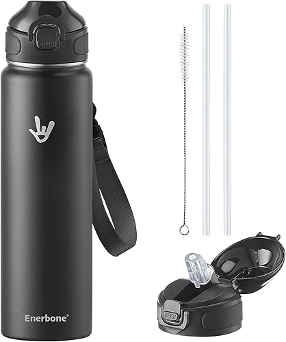 Enerbone - Botella de agua aislada de 32 onzas, botella de acero inoxidable con correa para transportar, diseño de aislamiento al vacío de doble