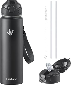 Enerbone 32 oz Insulated Water Bottle, Stainless Steel Bottle with Carrying Strap, Double-Wall Vacuum Insulation Design, Leakproof Sports Bottle with Straw, Keep Drinks Cold or Hot for Hours