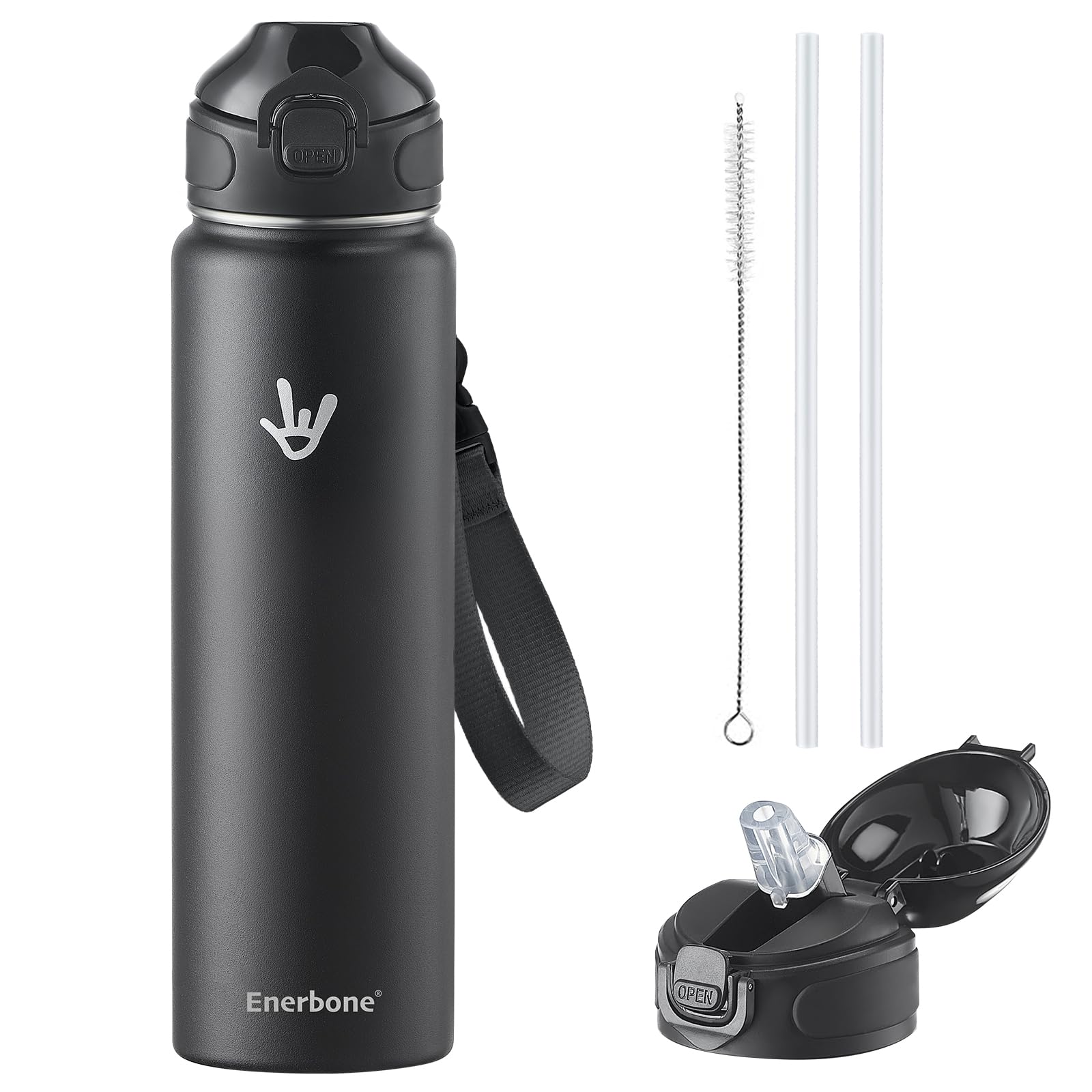 Enerbone 32 oz Insulated Water Bottle, Stainless Steel Bottle with Carrying Strap, Double-Wall Vacuum Insulation Design, Leakproof Sports Bottle with