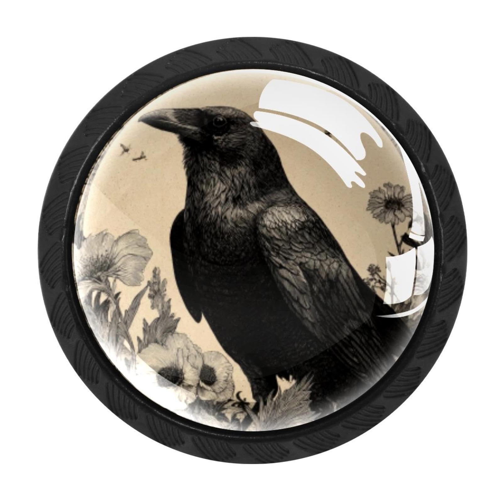CHENZZZZ 4 Pieces Crow (6) Drawer Knobs, 35mm Black Kitchen Cabinet Knobs, Drawer Pulls and Knobs, Glass Cabinet Hardware Single Hole Knob for Cabinets and Drawers Round