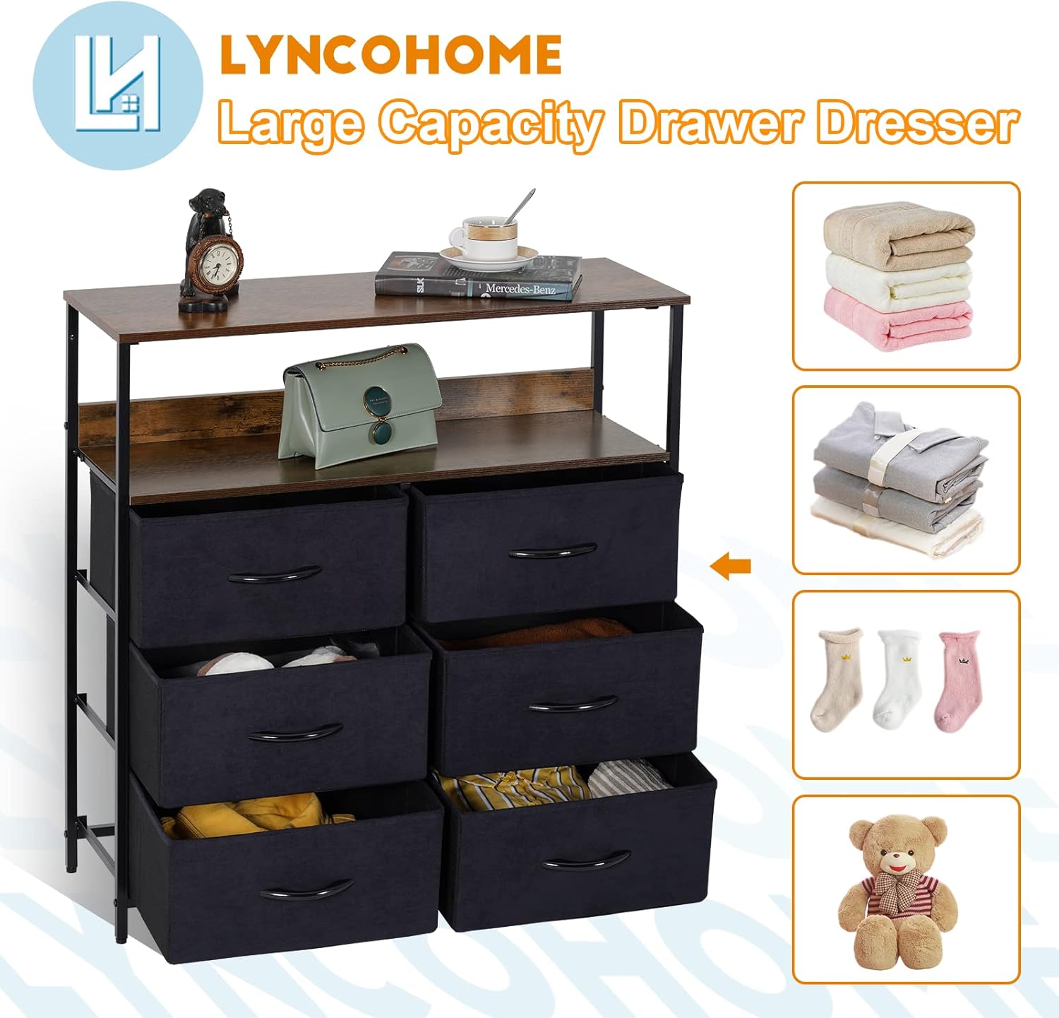Image showing various items like clothes, socks, and a teddy bear being stored in the dresser drawers, illustrating its large capacity.